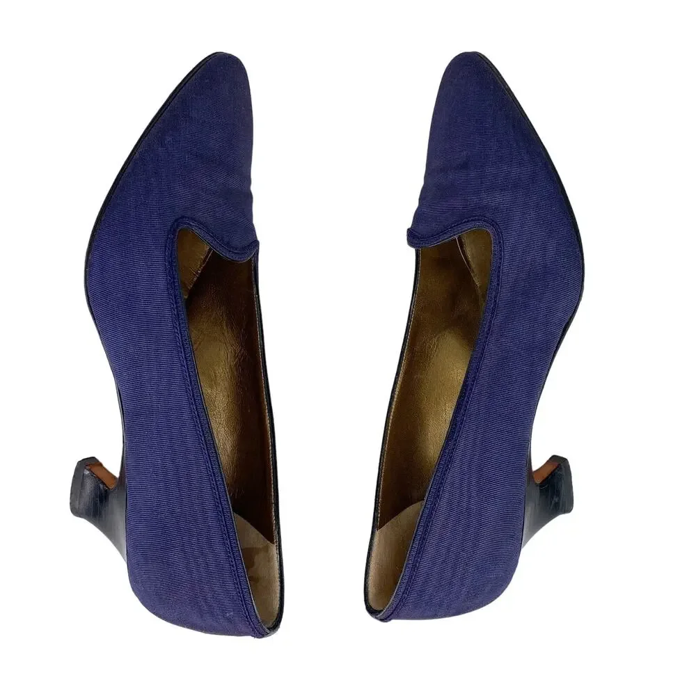 Yves Saint Laurent YSL Vintage Ribbed Navy Silk Pumps 7M Heels 2.25